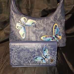 Anuschka Blue Butterfly Shoulder Bag and Wallet